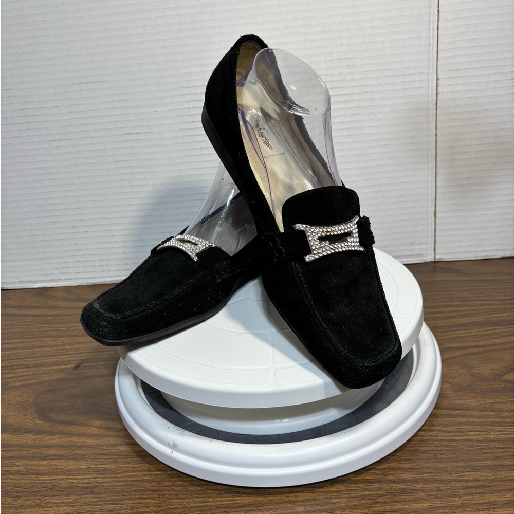 Daisy Fuentes 11M McKenna black leather upper loafers suede w/bling embellished